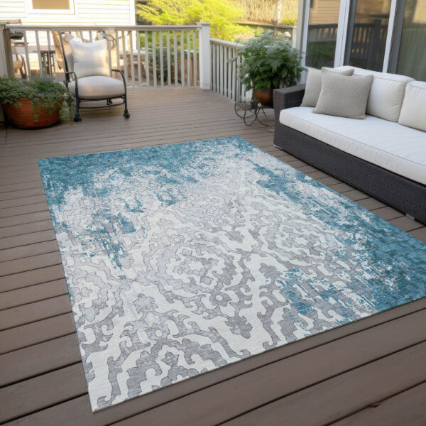 8' X 10' Teal Blue Gray And Ivory Medallion Washable Indoor Outdoor Area Rug