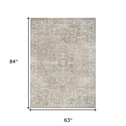 5' X 7' Beige Oriental Power Loom Washable Area Rug