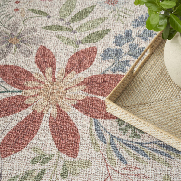 8' x 10' Ivory Green and Red Floral Power Loom Washable Non Skid Area Rug