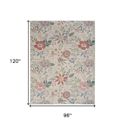 8' x 10' Ivory Green and Red Floral Power Loom Washable Non Skid Area Rug