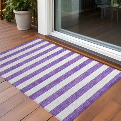 2' X 3' Purple and White Striped Washable Non Skid Indoor Outdoor Area Rug