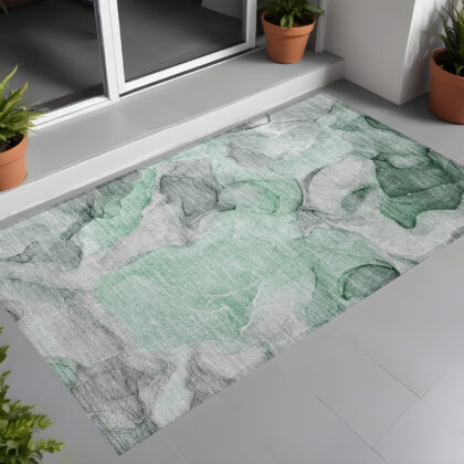 2' X 3' Green Abstract Washable Non Skid Indoor Outdoor Area Rug