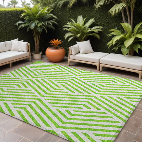 9' X 12' Lime Green and White Geometric Washable Non Skid Indoor Outdoor Area Rug