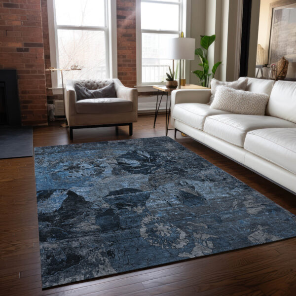 9' X 12' Blue and Dark Blue Floral Washable Non Skid Indoor Outdoor Area Rug