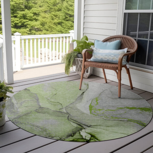 8' Round Green Round Abstract Washable Non Skid Indoor Outdoor Area Rug