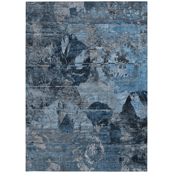 10' X 14' Blue and Dark Blue Floral Washable Non Skid Indoor Outdoor Area Rug