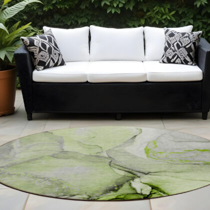 8' Round Green Round Abstract Washable Non Skid Indoor Outdoor Area Rug