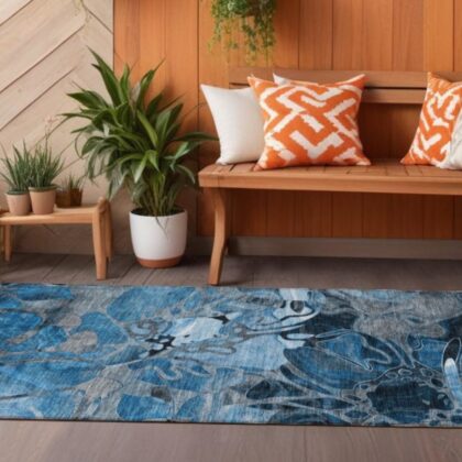 2' X 8' Blue and Gray Abstract Washable Indoor Outdoor Runner Rug