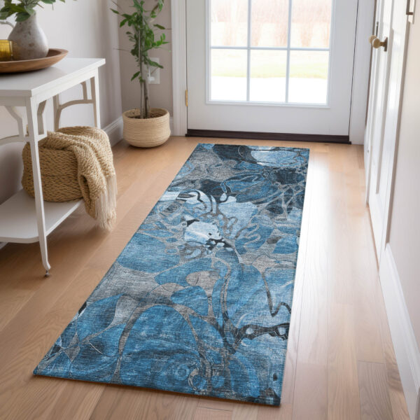 2' X 8' Blue and Gray Abstract Washable Indoor Outdoor Runner Rug