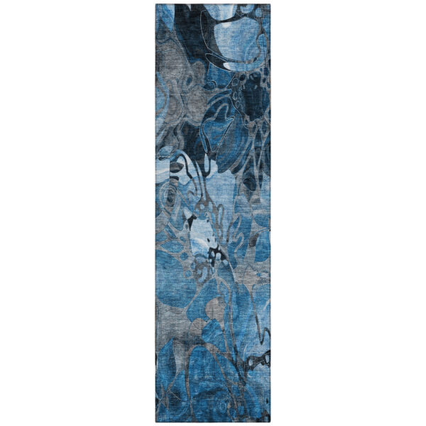 2' X 8' Blue and Gray Abstract Washable Indoor Outdoor Runner Rug