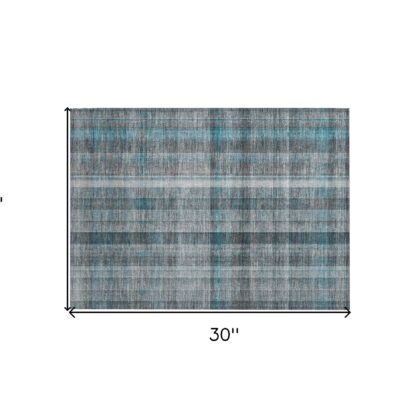 2' X 3' Teal Plaid Washable Non Skid Indoor Outdoor Area Rug