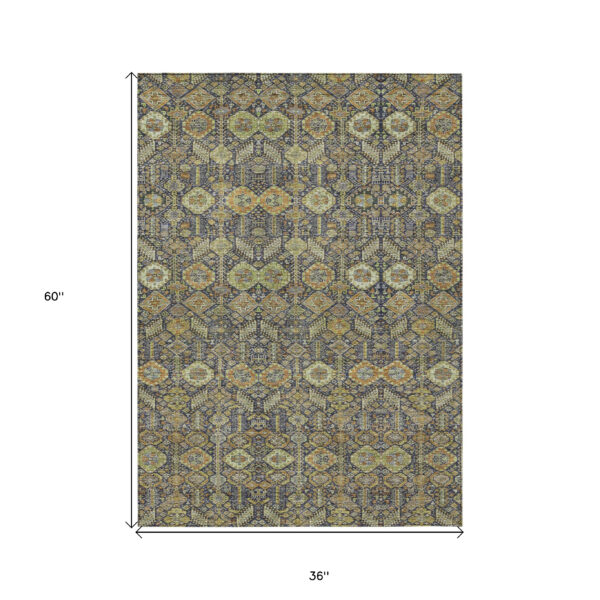 3' X 5' Blue and Orange Floral Washable Non Skid Indoor Outdoor Area Rug