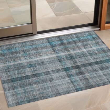 2' X 3' Teal Plaid Washable Non Skid Indoor Outdoor Area Rug