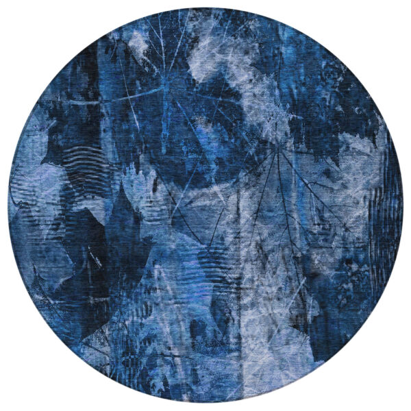 8' Round Navy Blue Round Floral Washable Non Skid Indoor Outdoor Area Rug