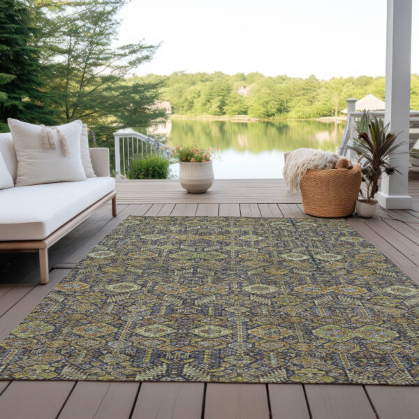 3' X 5' Blue and Orange Floral Washable Non Skid Indoor Outdoor Area Rug