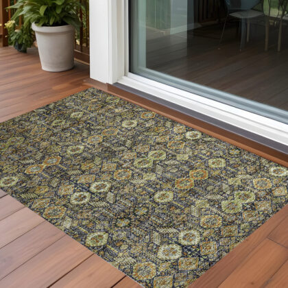3' X 5' Blue and Orange Floral Washable Non Skid Indoor Outdoor Area Rug