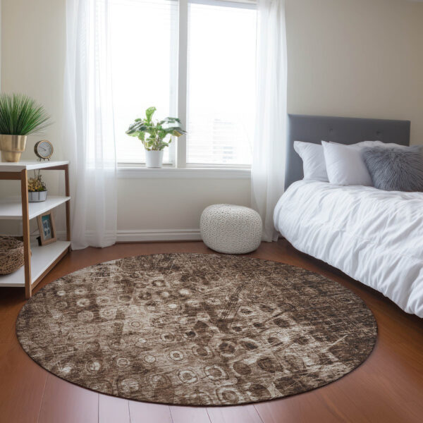 8' Chocolate Round Ikat Washable Indoor Outdoor Area Rug
