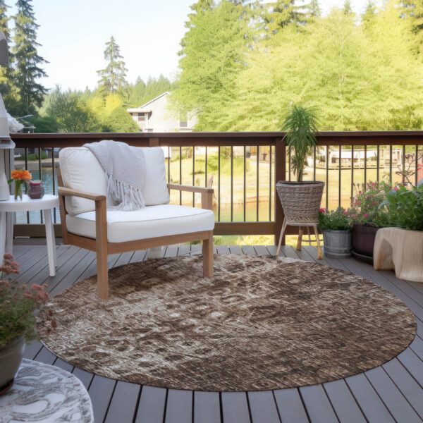 8' Chocolate Round Ikat Washable Indoor Outdoor Area Rug