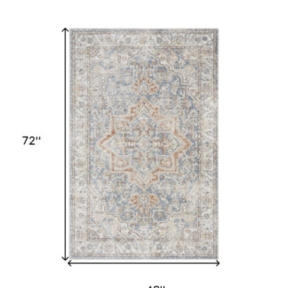 4' X 6' Denim Blue Oriental Power Loom Washable Area Rug