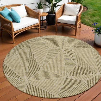 8' Khaki Brown And Beige Round Geometric Washable Indoor Outdoor Area Rug