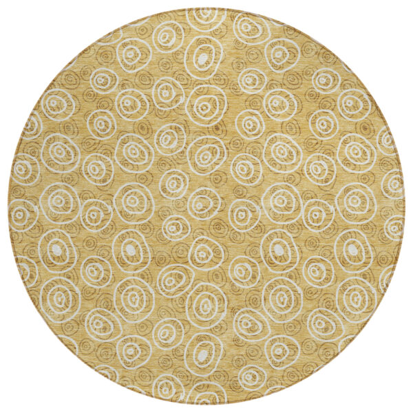 8' Gold Beige And Ivory Round Geometric Washable Indoor Outdoor Area Rug