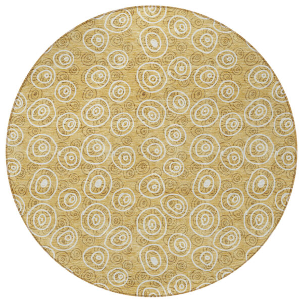 8' Gold Beige And Ivory Round Geometric Washable Indoor Outdoor Area Rug