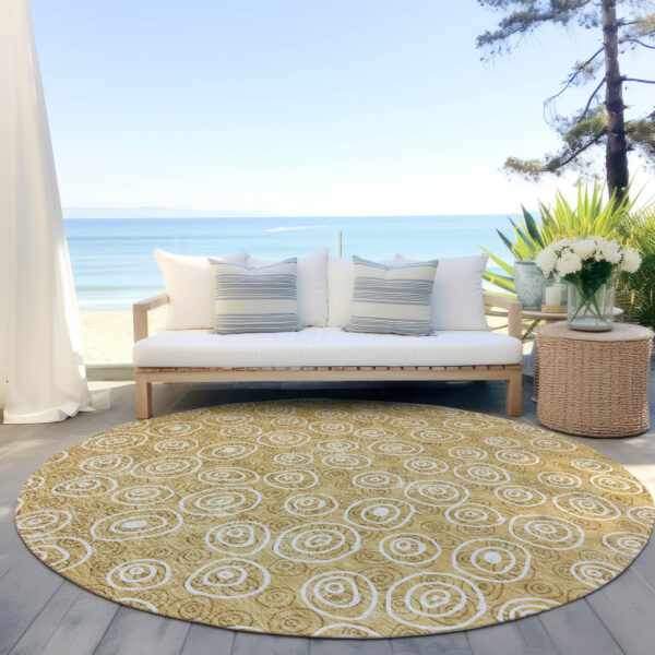 8' Gold Beige And Ivory Round Geometric Washable Indoor Outdoor Area Rug