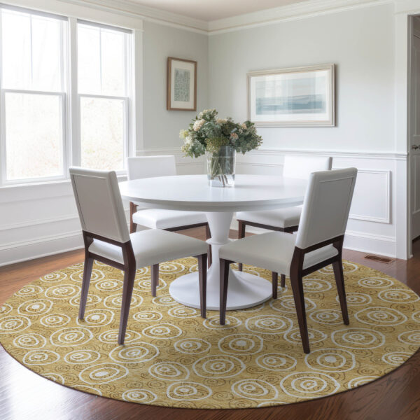 8' Gold Beige And Ivory Round Geometric Washable Indoor Outdoor Area Rug