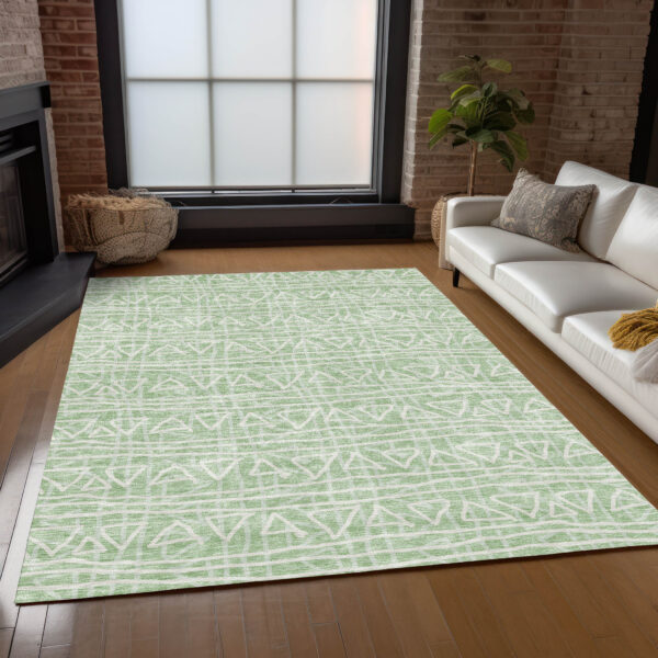 3' X 5' Mint Green Artichoke Green And Ivory Geometric Washable Indoor Outdoor Area Rug