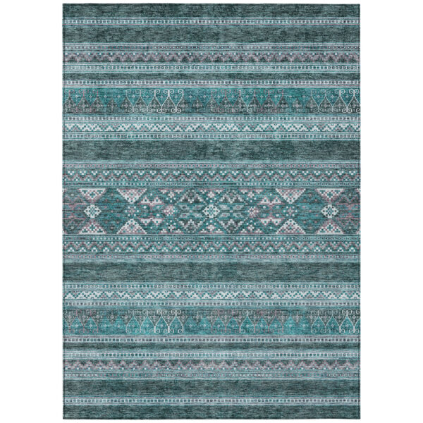 8' X 10' Teal Blue Ivory And Gray Southwestern Washable Indoor Outdoor Area Rug