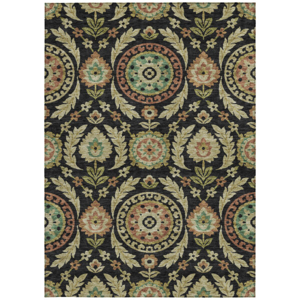 9' X 12' Black Gold And Copper Floral Washable Indoor Outdoor Area Rug