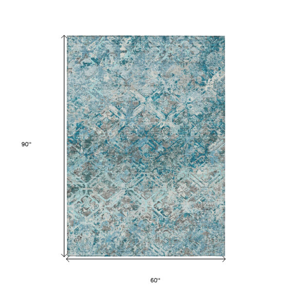 5' X 8' Teal Blue Gray And Charcoal Geometric Washable Indoor Outdoor Area Rug