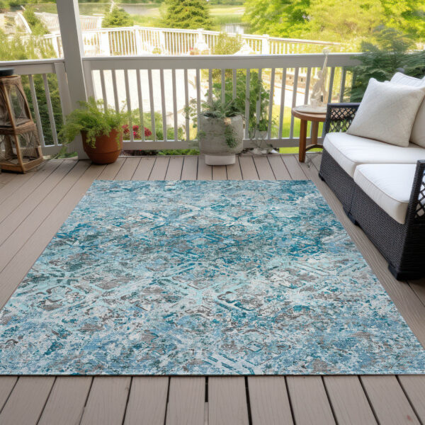 5' X 8' Teal Blue Gray And Charcoal Geometric Washable Indoor Outdoor Area Rug