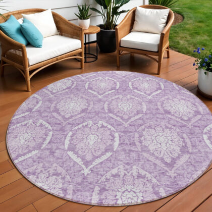 8' Plum Purple And Ivory Round Medallion Washable Indoor Outdoor Area Rug