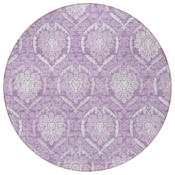 8' Plum Purple And Ivory Round Medallion Washable Indoor Outdoor Area Rug