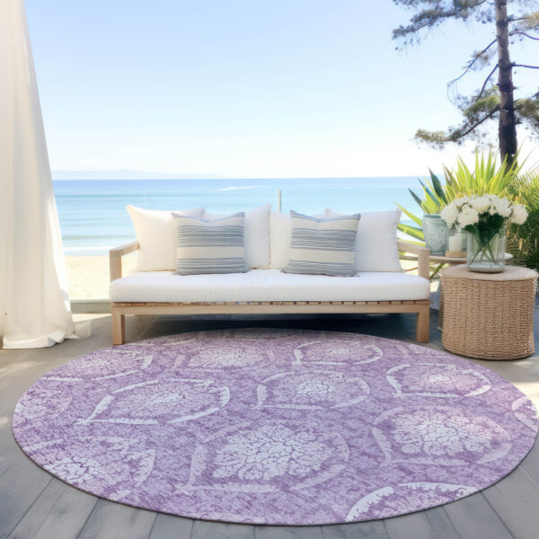 8' Plum Purple And Ivory Round Medallion Washable Indoor Outdoor Area Rug