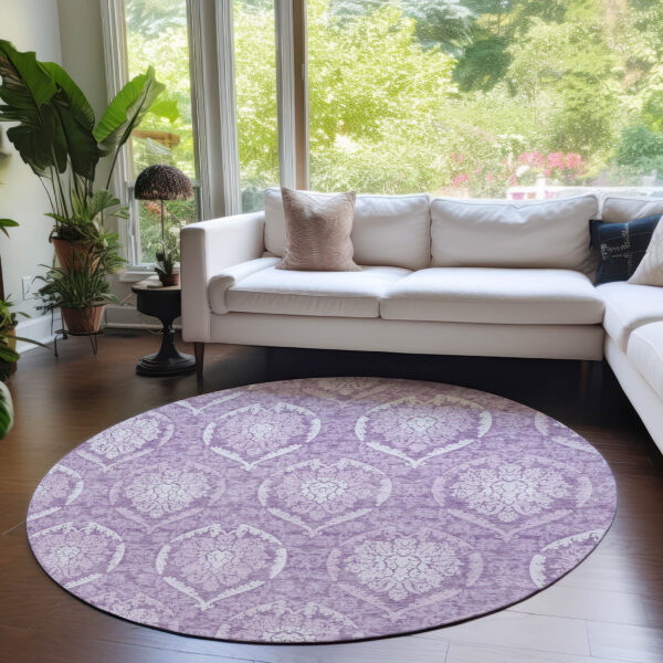 8' Plum Purple And Ivory Round Medallion Washable Indoor Outdoor Area Rug