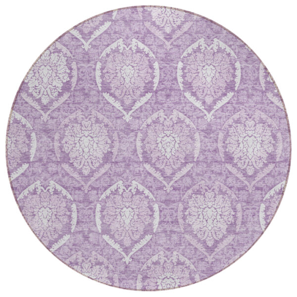 8' Plum Purple And Ivory Round Medallion Washable Indoor Outdoor Area Rug