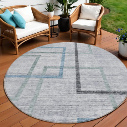 8' Gray Charcoal And Blue Round Geometric Washable Indoor Outdoor Area Rug
