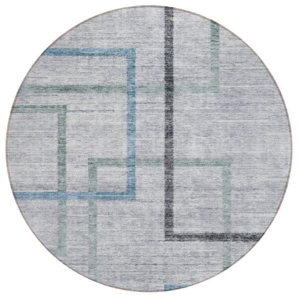 8' Gray Charcoal And Blue Round Geometric Washable Indoor Outdoor Area Rug
