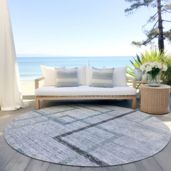 8' Gray Charcoal And Blue Round Geometric Washable Indoor Outdoor Area Rug