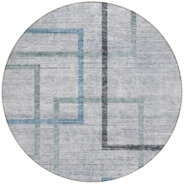8' Gray Charcoal And Blue Round Geometric Washable Indoor Outdoor Area Rug