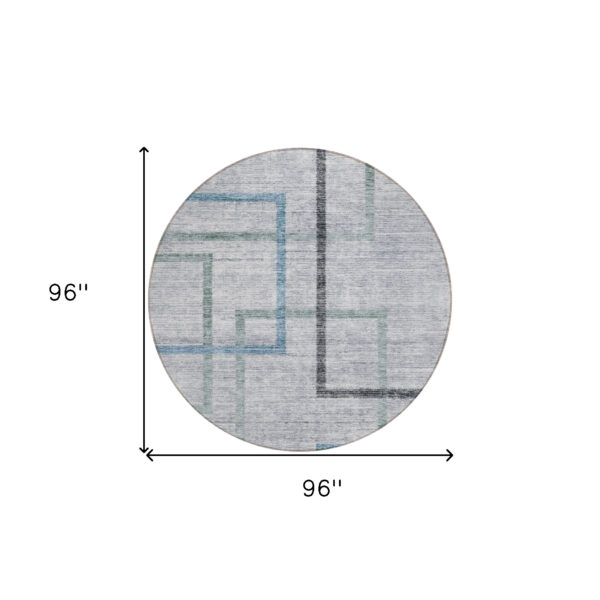 8' Gray Charcoal And Blue Round Geometric Washable Indoor Outdoor Area Rug