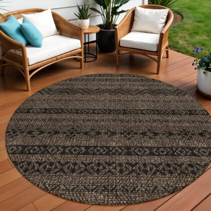 8' Chocolate And Brown Round Southwestern Washable Indoor Outdoor Area Rug