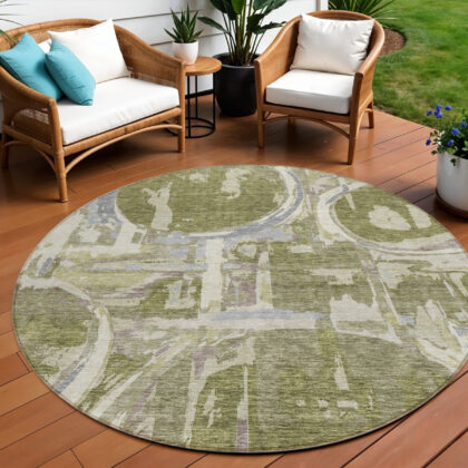 8' Olive Green Gray And Beige Round Geometric Washable Indoor Outdoor Area Rug