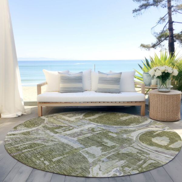 8' Olive Green Gray And Beige Round Geometric Washable Indoor Outdoor Area Rug