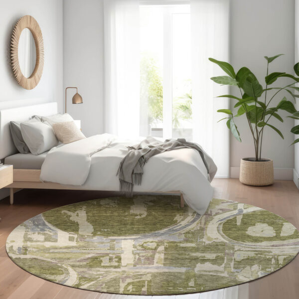 8' Olive Green Gray And Beige Round Geometric Washable Indoor Outdoor Area Rug