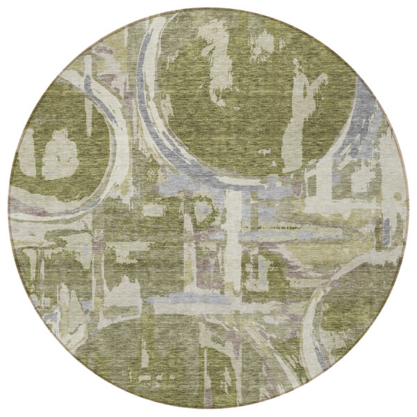 8' Olive Green Gray And Beige Round Geometric Washable Indoor Outdoor Area Rug