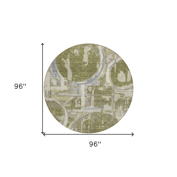 8' Olive Green Gray And Beige Round Geometric Washable Indoor Outdoor Area Rug