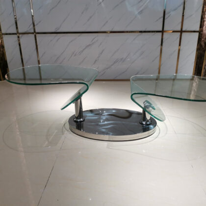 30" Clear And Silver Glass And Metal Oval Abstract Coffee Table